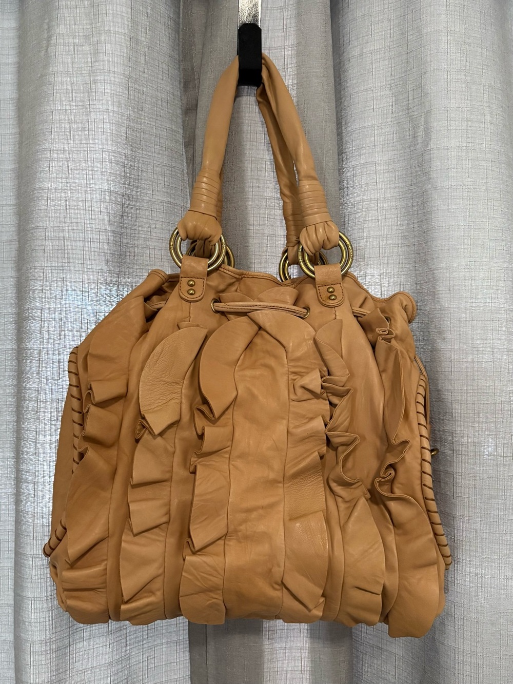 Ziordia Vintage Cream Ruffled Leather Hobo Bag Slouchy - Picture 3 of 7